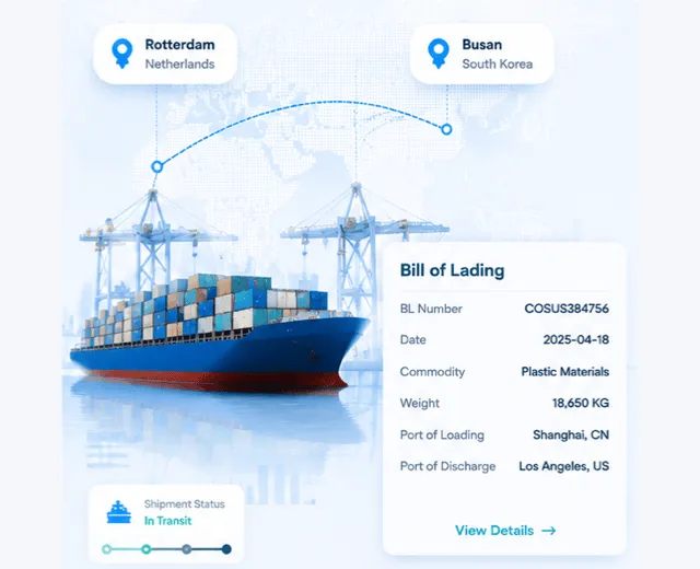 Supply chain visibility platform tracking global shipments, bills of lading, shipping routes, and trade activities.